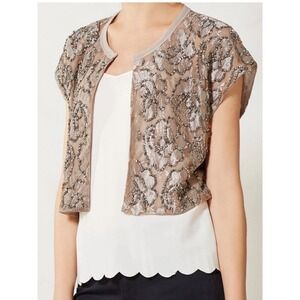 Dolan Women Bolero Top Beige Sequins Lace Holiday Top Hook Eye Cap Sleeves M/L